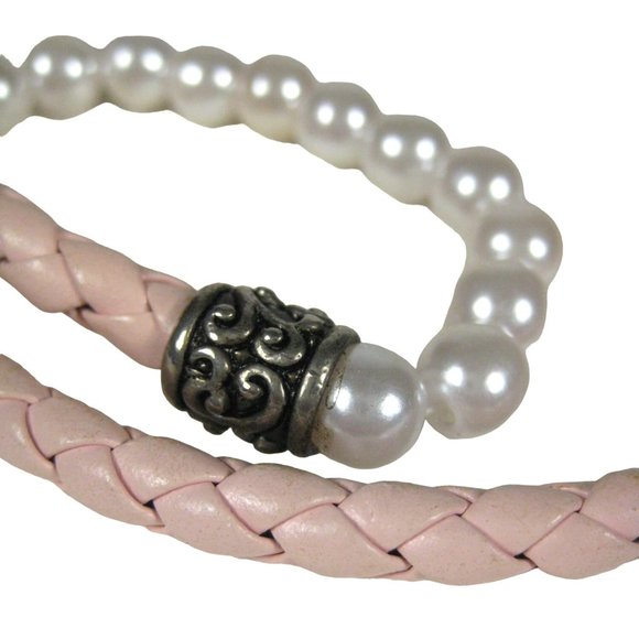 Imitation Pearl Beaded Necklace 17" Pink Braided Cord Silvertone Strand Jewelry - Picture 2 of 6